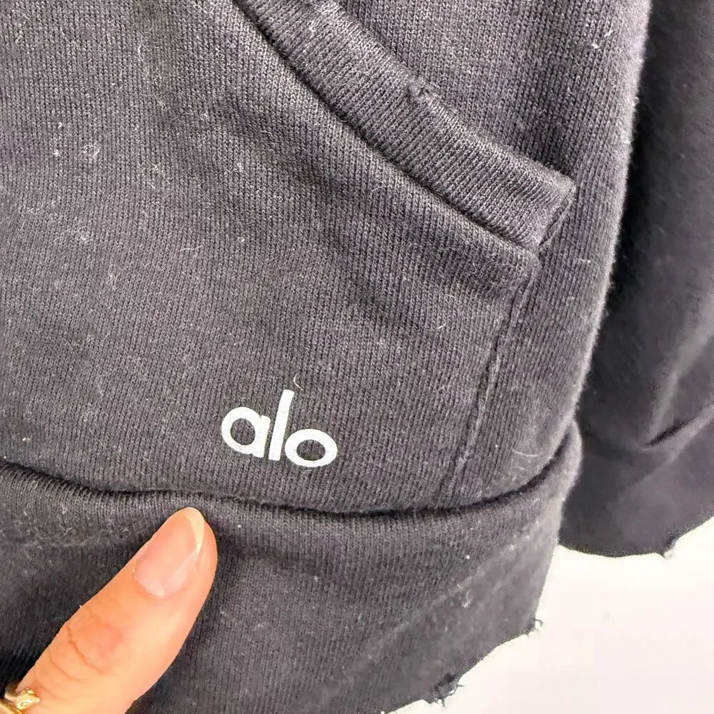 Alo Yoga Hoodie Distressed Ripped Pullover Sweatshirt Black